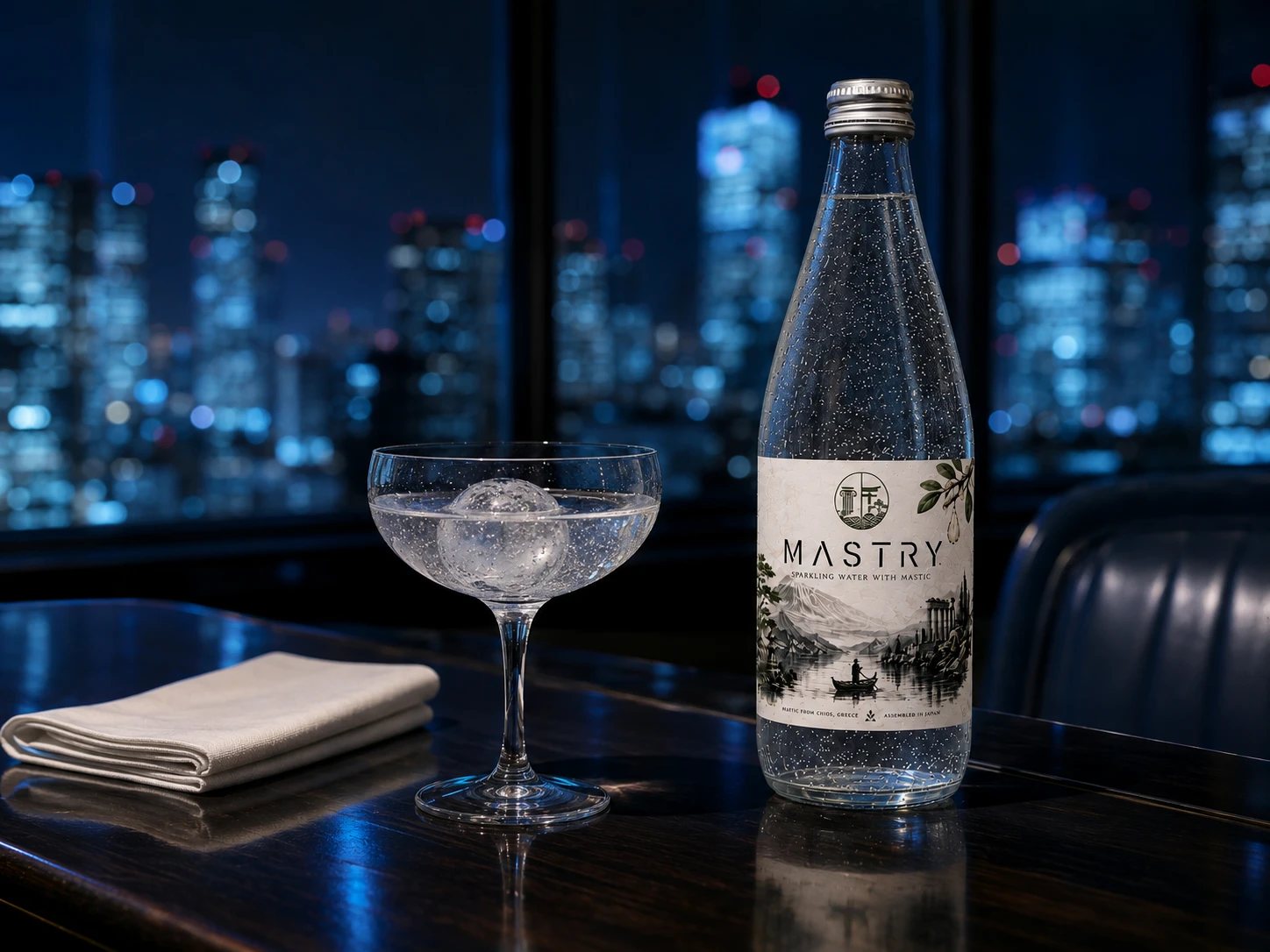 夜のホテルバーに置かれたMASTRYとクーペグラス — MASTRY at a hotel bar at night