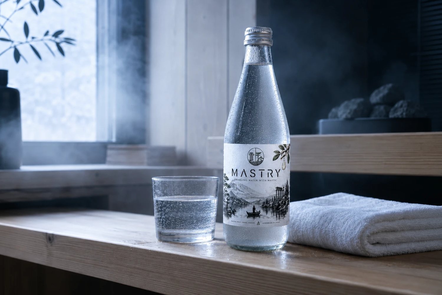 サウナの休憩スペースに置かれたMASTRY — MASTRY in a sauna rest area